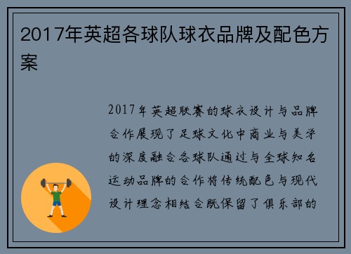 2017年英超各球队球衣品牌及配色方案